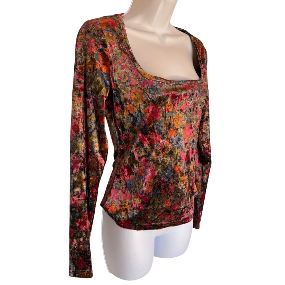 Natural Life Floral Stretch Velvet Colorful Square Neck Top "Danielle" size S - Picture 6 of 10